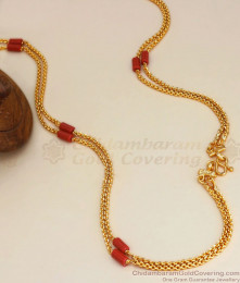 CDAS27 Double Line Cylindrical Ruby Coral Stone Gold Plated Chain Shop Online CDAS27 Double Line Cylindrical Ruby Coral Stone Gold Plated Chain Shop Online