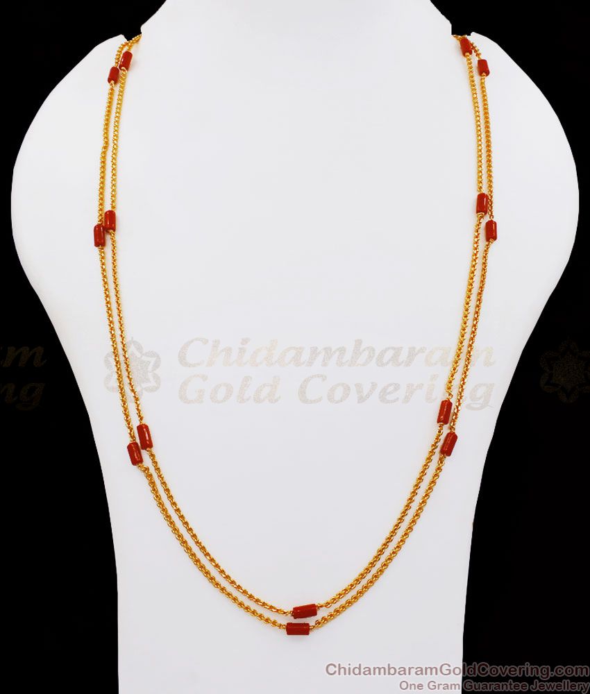 CDAS27 Double Line Cylindrical Ruby Coral Stone Gold Plated Chain Shop Online