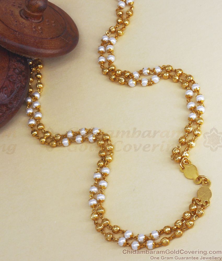 CKMN109 Double Line White Pearl Ball One Gram Gold Chain For Ladies