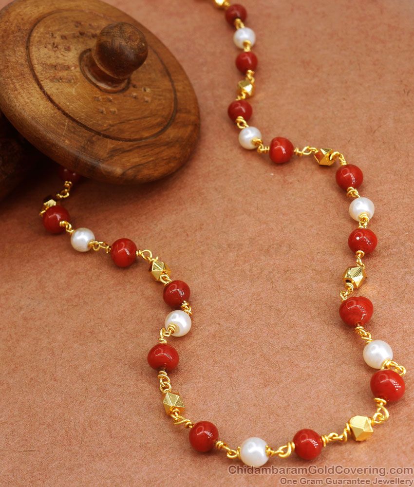 CKMN113 One Gram Gold Chain Ruby White Mani Malai Collections