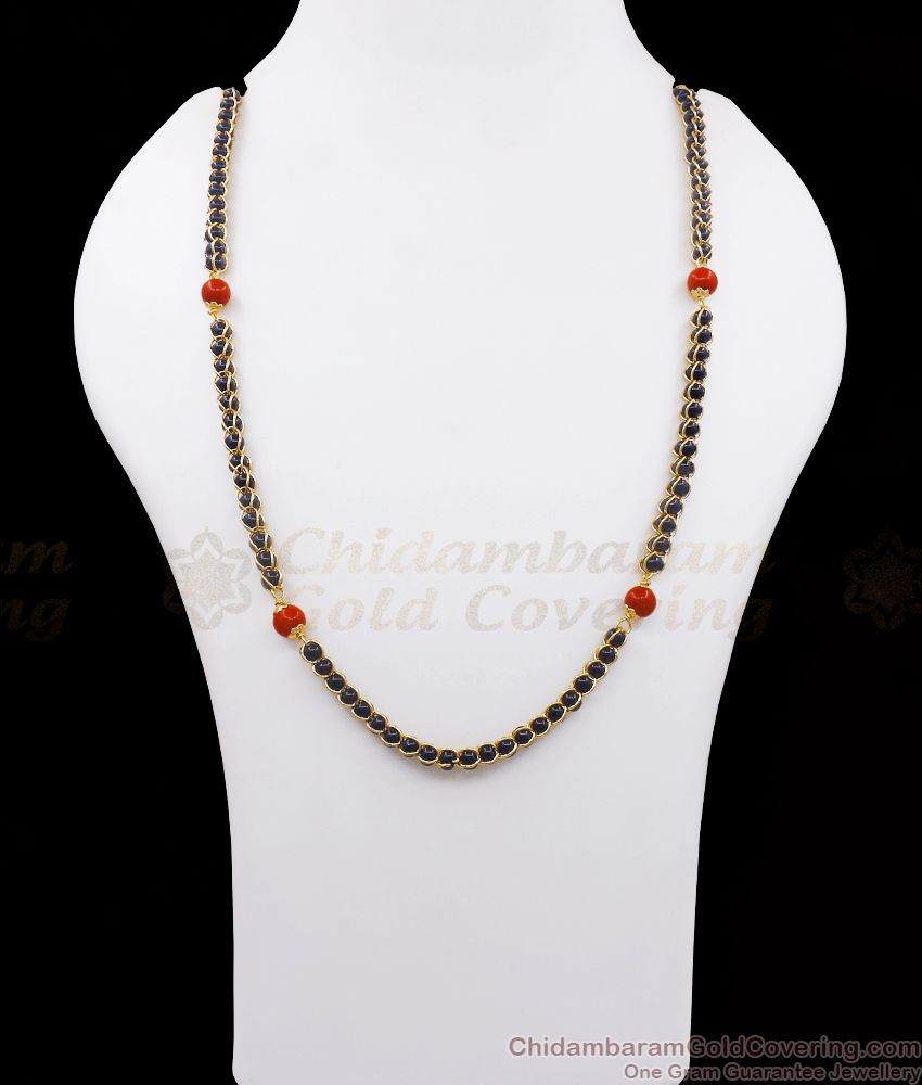 CKMN115 Thick Black Beaded Ruby Coral Stone Chain Gold Plated Pattern