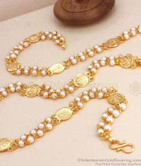 CKMN127-LG - 30 inches Long Traditional Double Layer Lakshmi Coin Chain White Pearls Shop Online