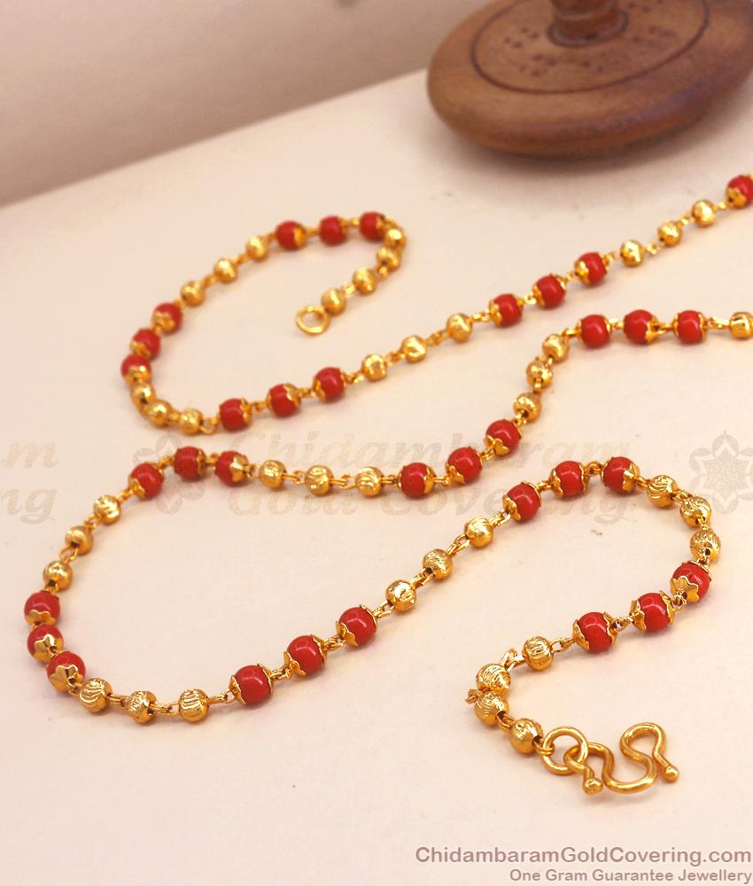 CKMN133 Traditional Red Coral Stone Gold Beaded Chain Shop Online