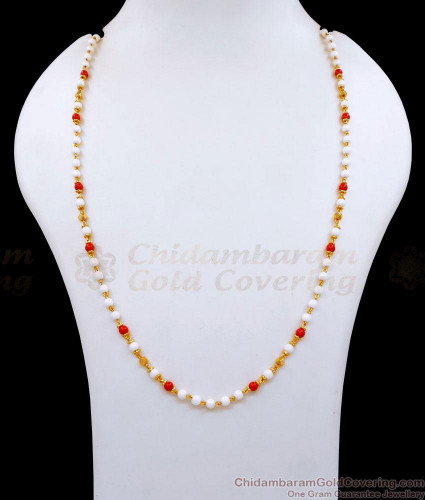 CKMN208 New Arrival Gold Finish Pearl Chain With Red Coral Stone