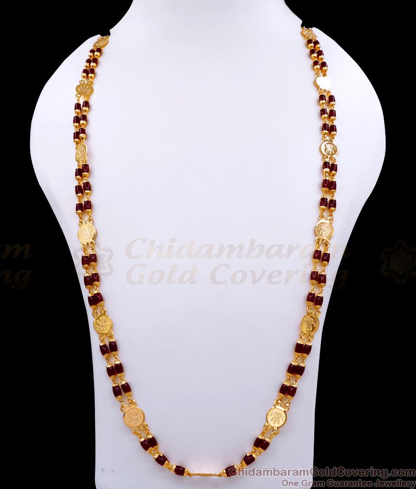 CKMN215-Lg 30 Inch Long  Premium Quality Gold Plated Lakshmi Coin Ruby Beads Chain