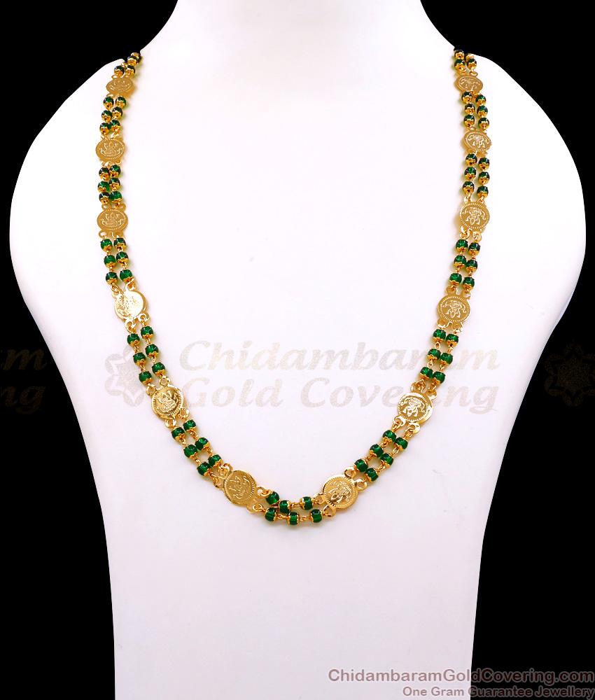 CKMN254 Beautiful Green Beads Lakshmi Coin Gold Plated Chain For Women CKMN254 Beautiful Green Beads Lakshmi Coin Gold Plated Chain For Women