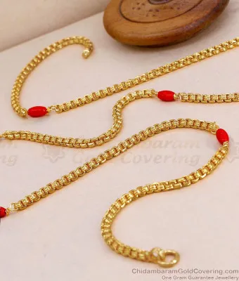 CKMN270 1 Gram Gold Plated Red Pavalam Bead Thick Round Box Daily Wear Chain