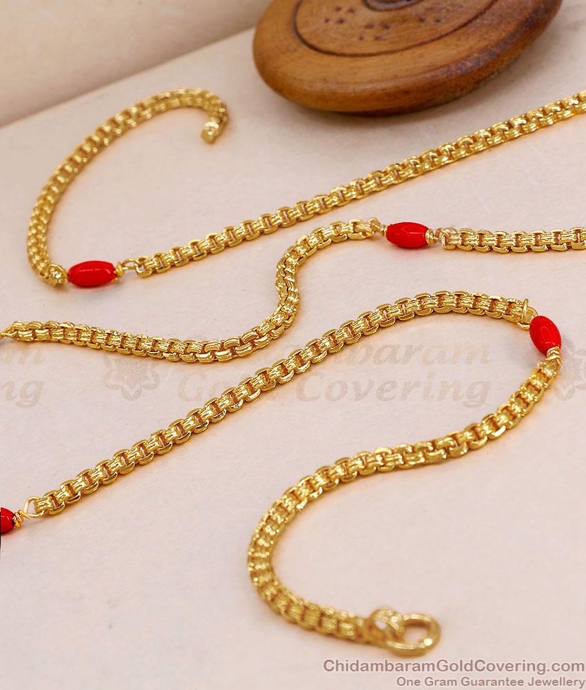 CKMN270 1 Gram Gold Plated Red Pavalam Bead Thick Round Box Daily Wear Chain