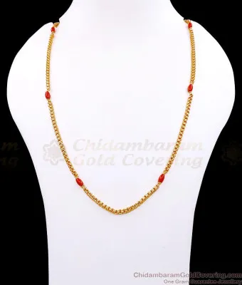 CKMN270 1 Gram Gold Plated Red Pavalam Bead Thick Round Box Daily Wear Chain