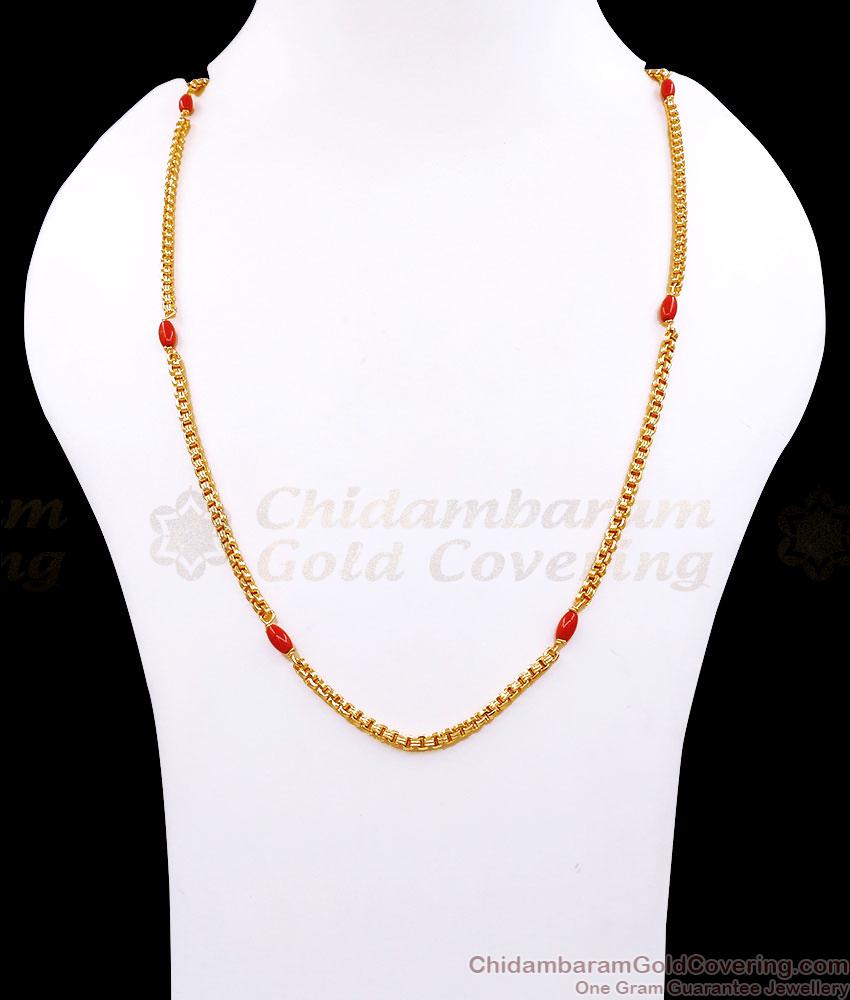 CKMN270 1 Gram Gold Plated Red Pavalam Bead Thick Round Box Daily Wear Chain