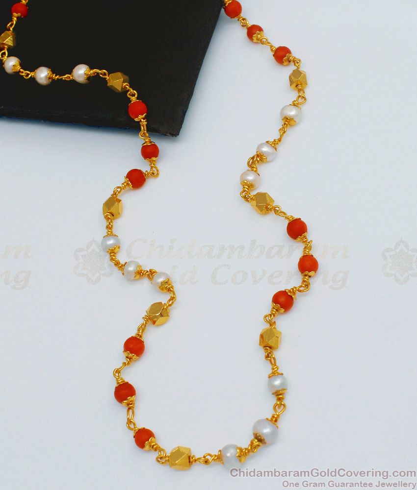 CKMN51 Single Line Red Crsytal One Gram Gold Pearl Chain for Daily Use