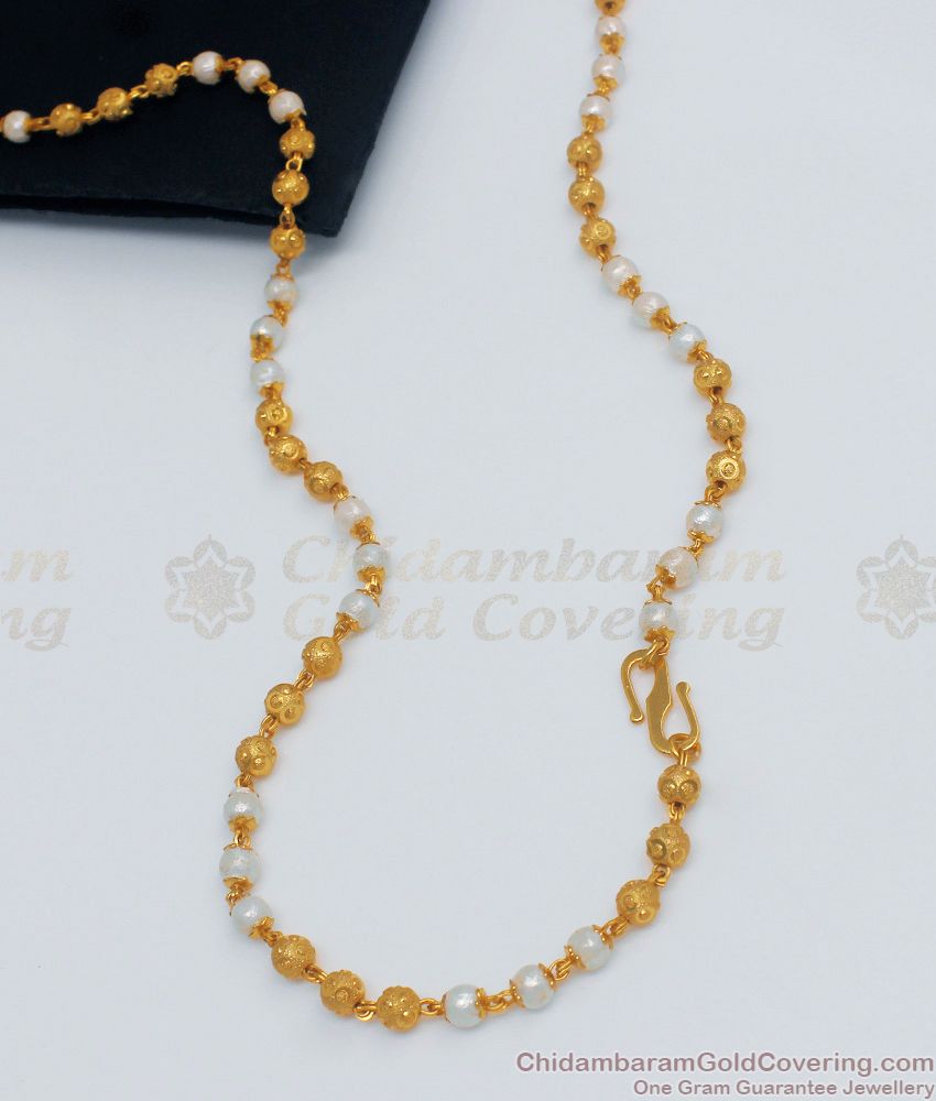 CKMN62 - One Gram Gold Chain White Pearl Ball Beaded Design For Ladies