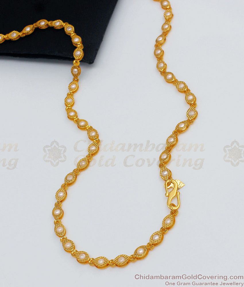 CKMN64 - One Gram Gold Chain White Pearl Ball Beaded Design For Ladies