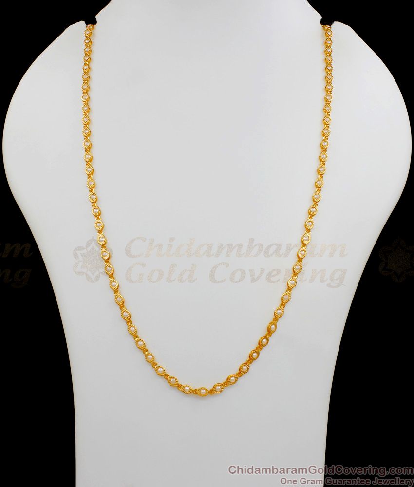 CKMN64 - One Gram Gold Chain White Pearl Ball Beaded Design For Ladies