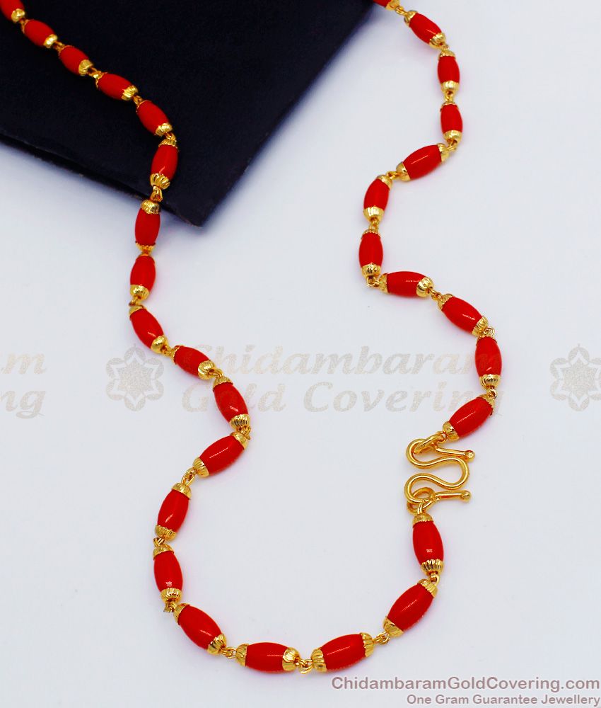 CKMN83 - New Arrival Red Long Mani Malai Gold Chain Collections Online CKMN83 - New Arrival Red Long Mani Malai Gold Chain Collections Online