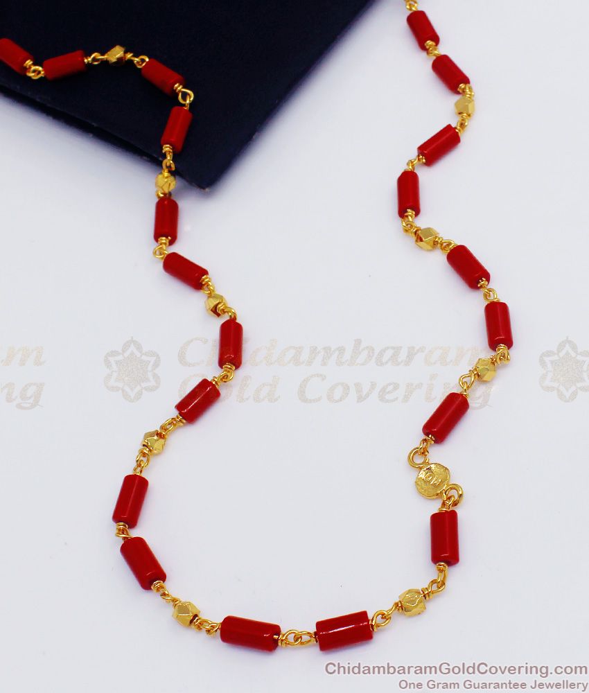 CKMN84 - Cylinder Red Mani Malai One Gram Gold Chain Collections Online
