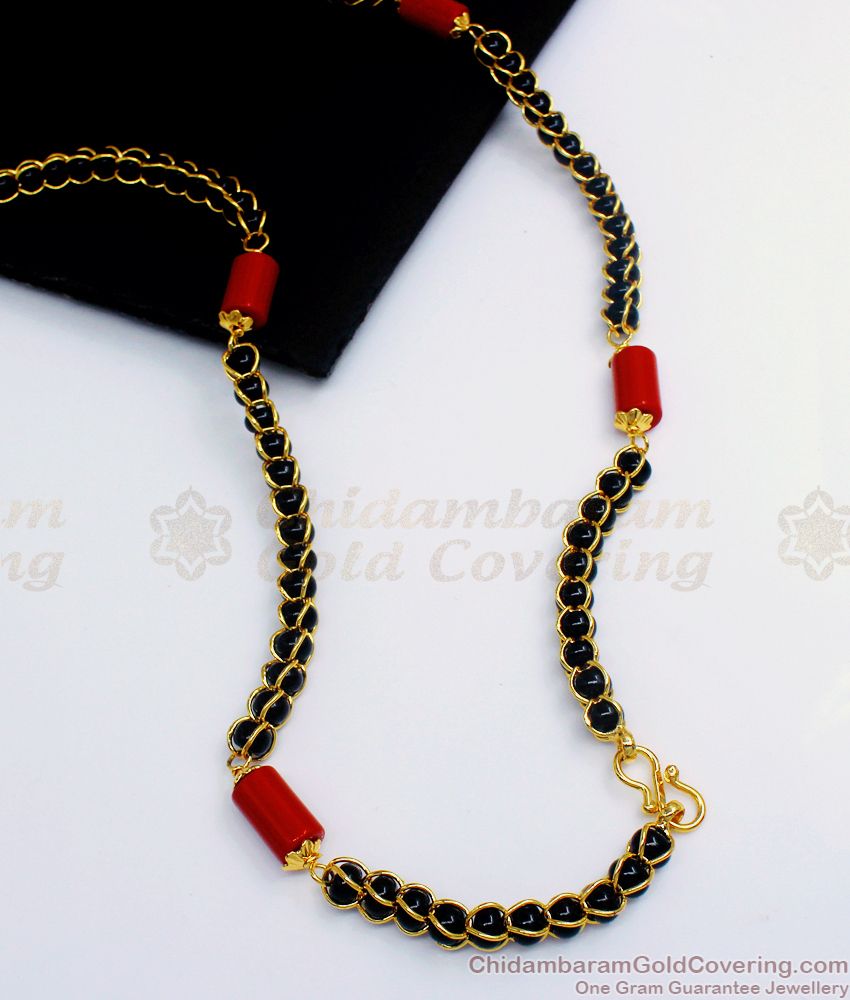 CKMN98 Black Beads Cylindrical Pavala Stone Long Chain Designs