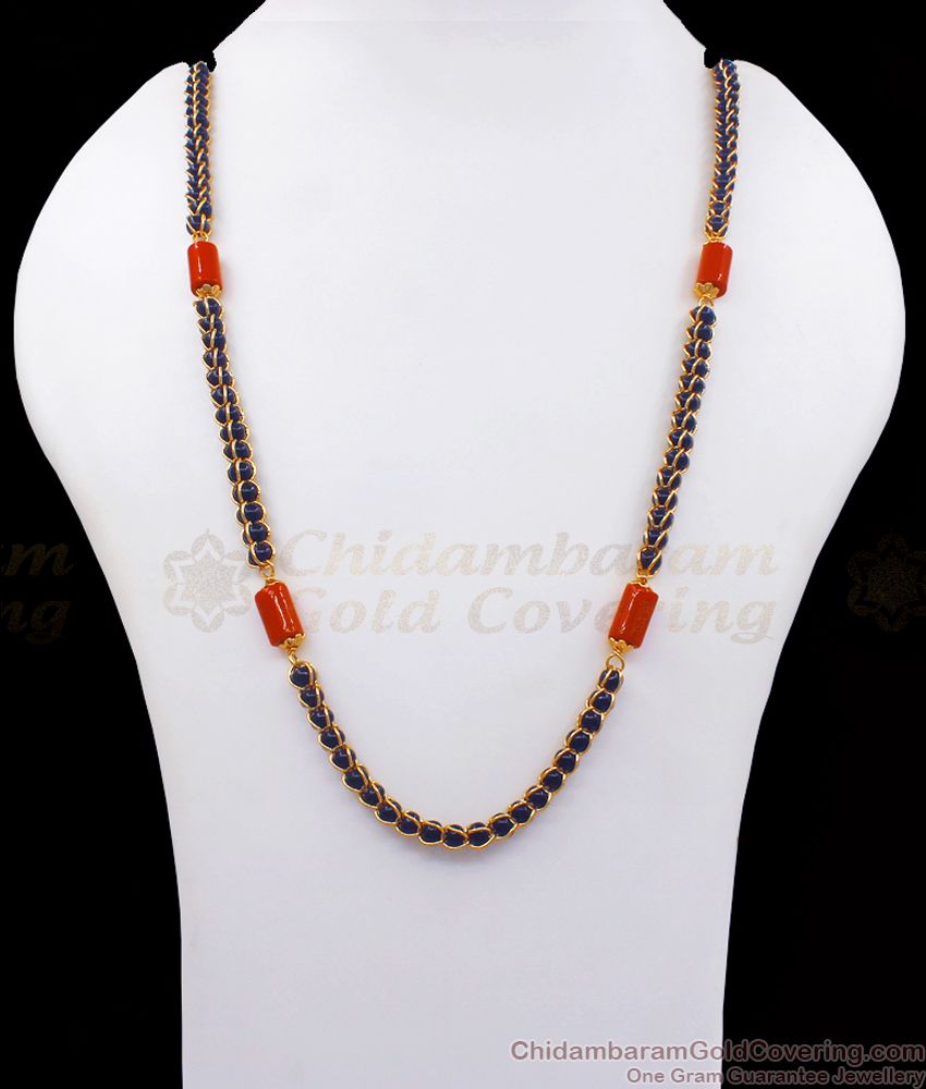 CKMN98 Black Beads Cylindrical Pavala Stone Long Chain Designs