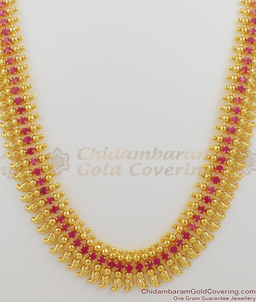 Grand Ruby Stone Mango Design Long Haram Jewellery At Low Price HR1023