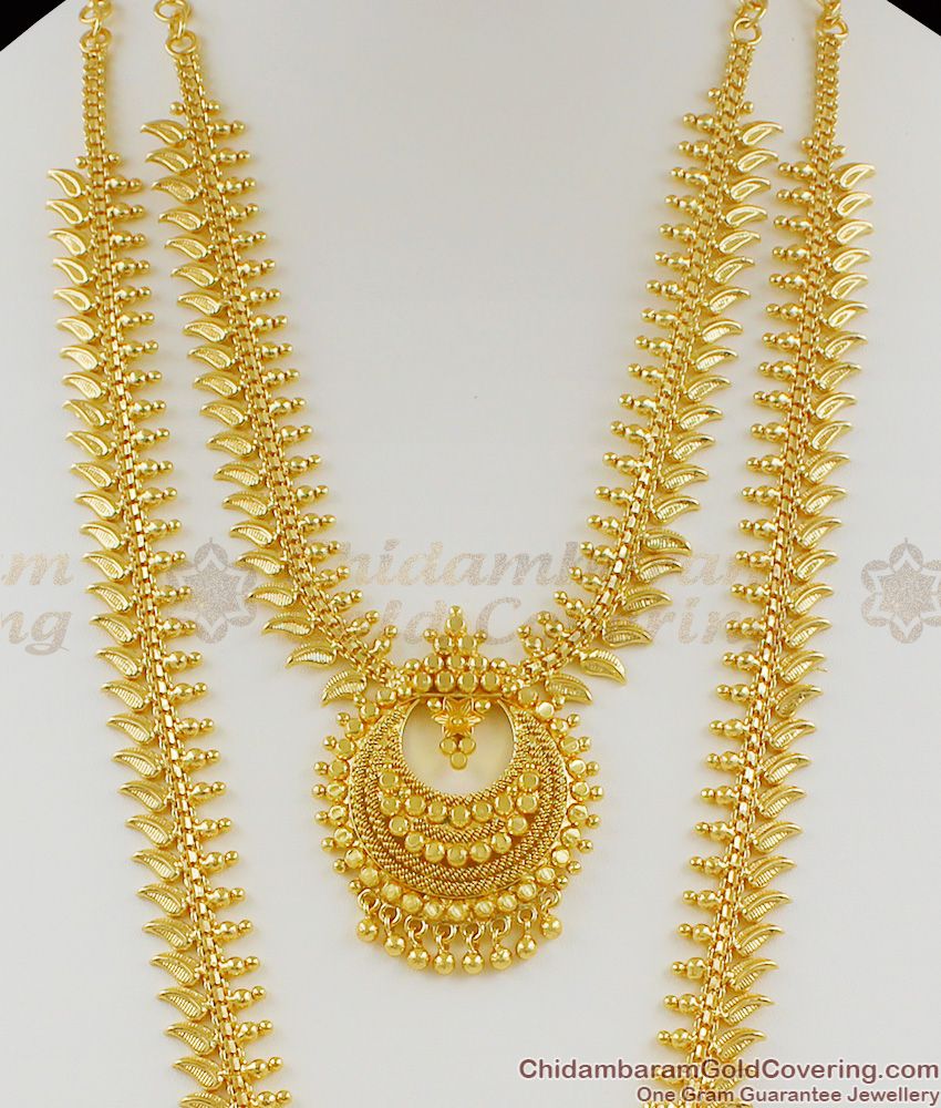 Mullaipoo Pattern Gold Plated Haram Necklace Combo Set Collections HR1055