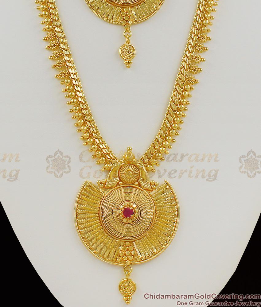 New Arrival Gold Pattern Traditional Single Ruby Stone Haram Necklace Combo Bridal Set HR1064