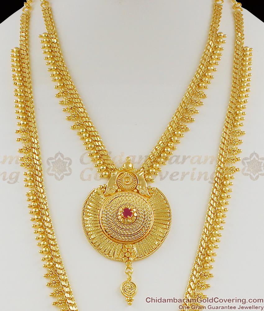 New Arrival Gold Pattern Traditional Single Ruby Stone Haram Necklace Combo Bridal Set HR1064