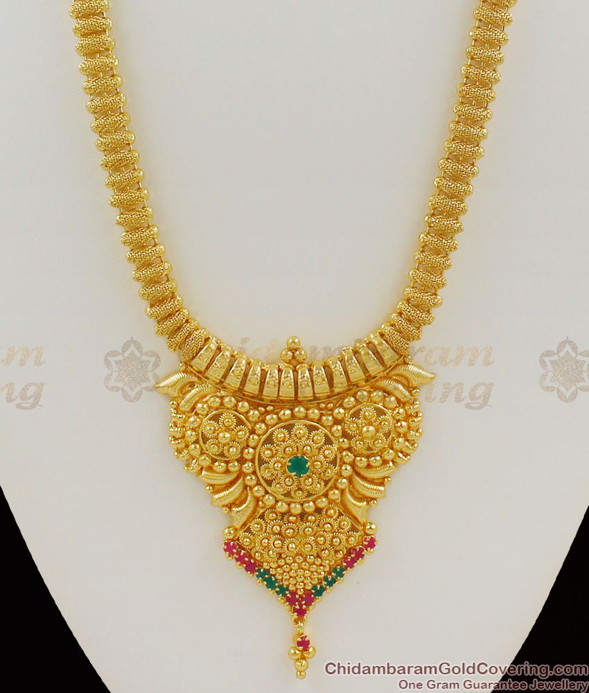 Glorious Ruby Emerald Stone Dollar Chain Gold Plated Haram Collection HR1068