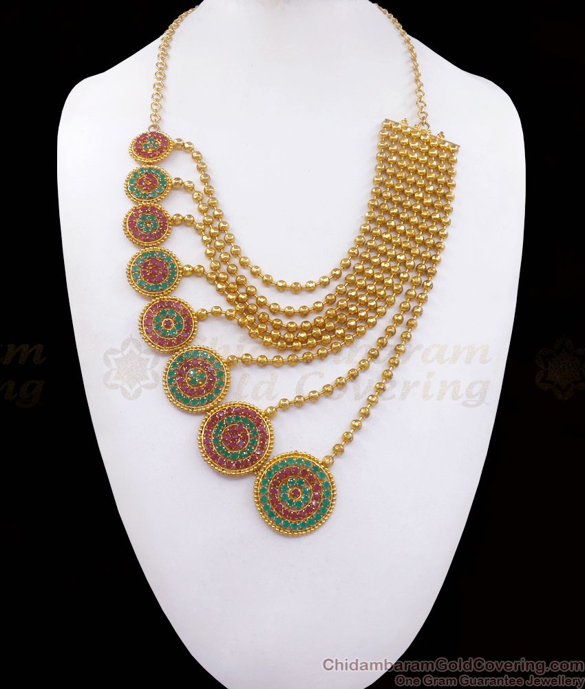 Eye Catchy Ruby Emerald Stone Party Wear Gold Multiline Pattern Haram HR1072