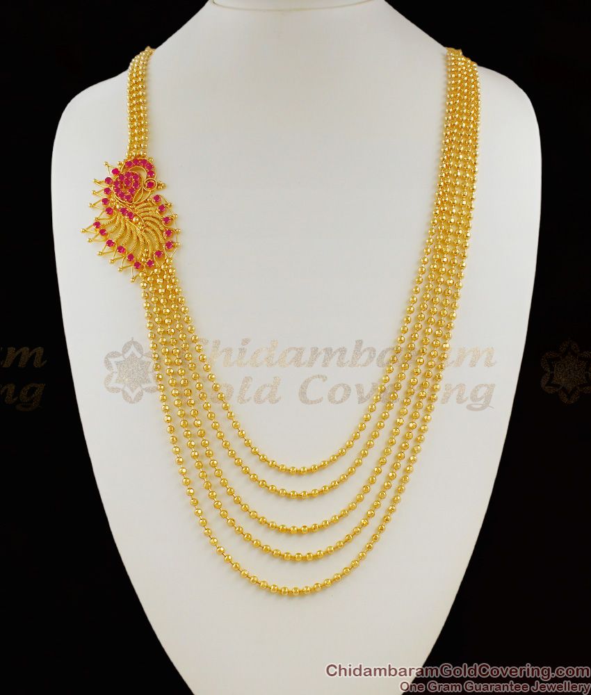 Five Line Gold Beads Ruby Stone Peacock Mugappu Haram Design For Ladies HR1082