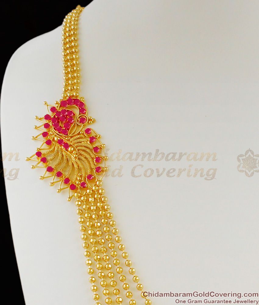 Five Line Gold Beads Ruby Stone Peacock Mugappu Haram Design For Ladies HR1082