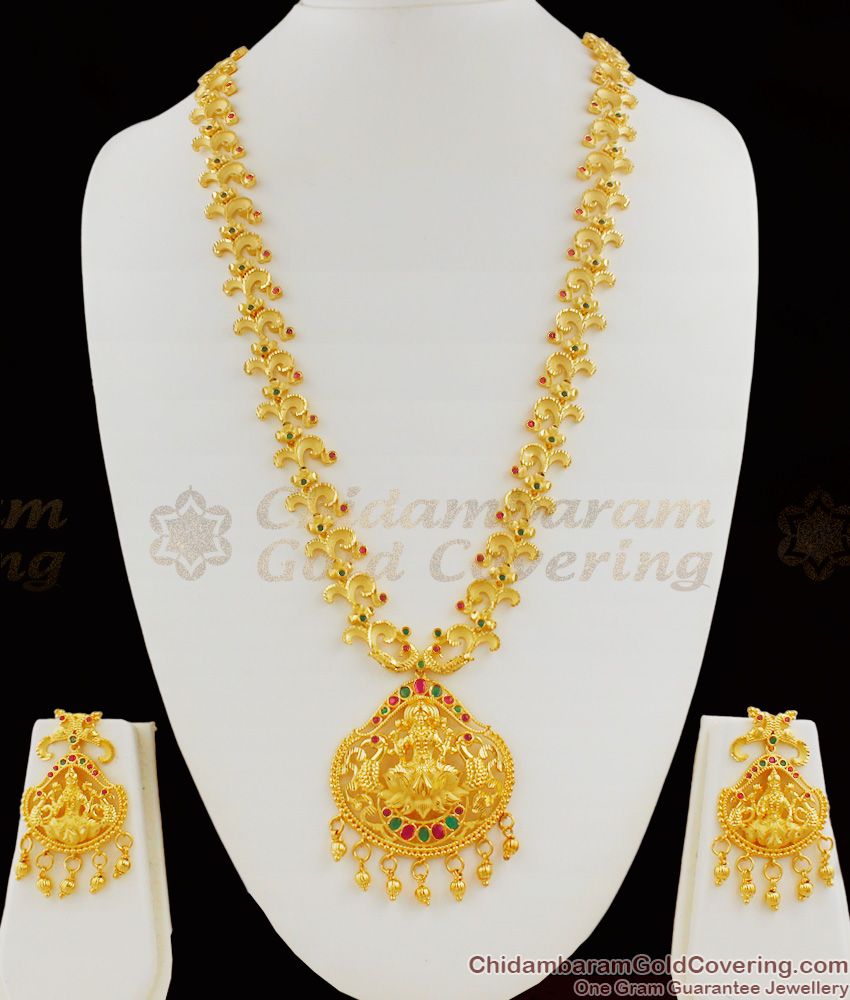 Real Gold Design Forming Enamel Lakshmi Haram With Push Back Earrings Bridal Model HR1110 Real Gold Design Forming Enamel Lakshmi Haram With Push Back Earrings Bridal Model HR1110