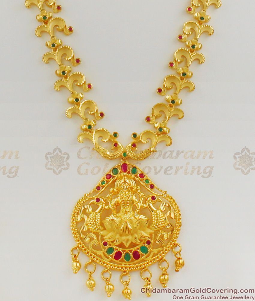 Real Gold Design Forming Enamel Lakshmi Haram With Push Back Earrings Bridal Model HR1110 Real Gold Design Forming Enamel Lakshmi Haram With Push Back Earrings Bridal Model HR1110