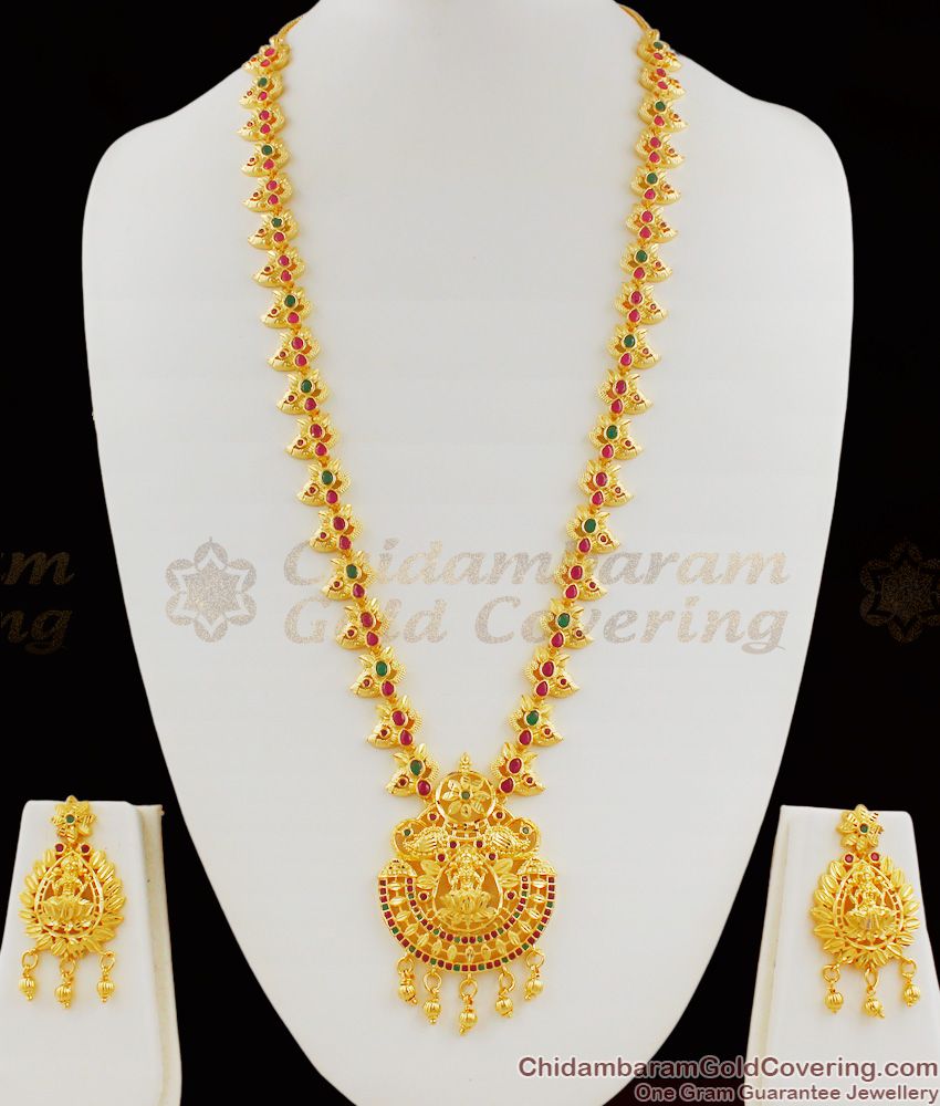 High Gold Multi Stone Pattern Enamel Forming Lakshmi Haram Design With Push Back Earrings HR1112