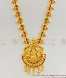 High Gold Multi Stone Pattern Enamel Forming Lakshmi Haram Design With Push Back Earrings HR1112 High Gold Multi Stone Pattern Enamel Forming Lakshmi Haram Design With Push Back Earrings HR1112