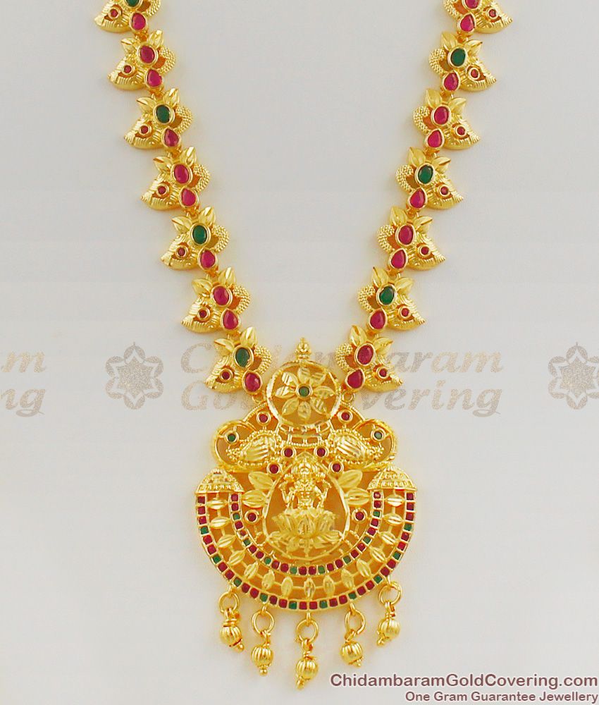 High Gold Multi Stone Pattern Enamel Forming Lakshmi Haram Design With Push Back Earrings HR1112