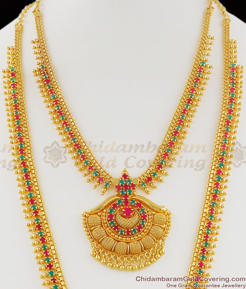 Kerala Dollar Pattern Multi Color Stones Mullaipoo Gold Haram Necklace Combo Set HR1115