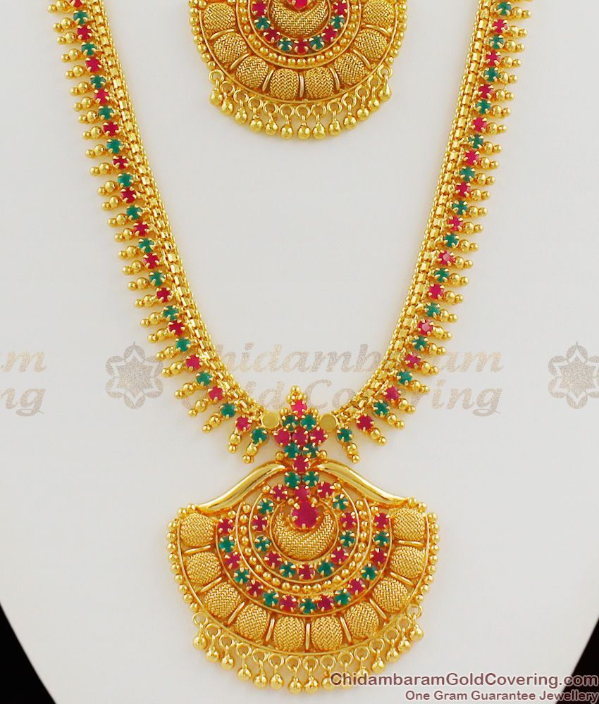 Kerala Dollar Pattern Multi Color Stones Mullaipoo Gold Haram Necklace Combo Set HR1115