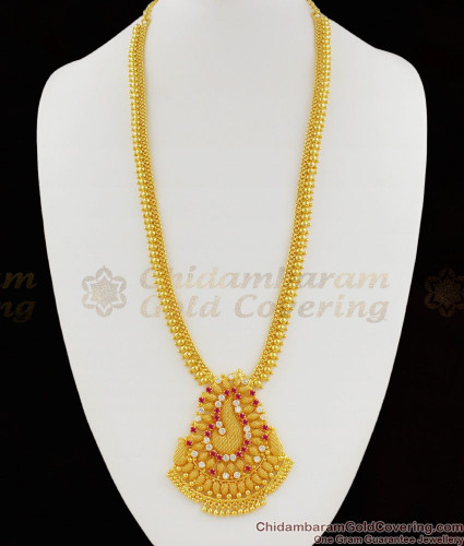 Traditional Kerala Pattern Ruby White Stone Gold Plated Haram For