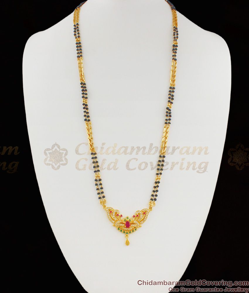 Fancy Multi Stone Mangalsutra Two Line Long Pendant Chain For Womens HR1126