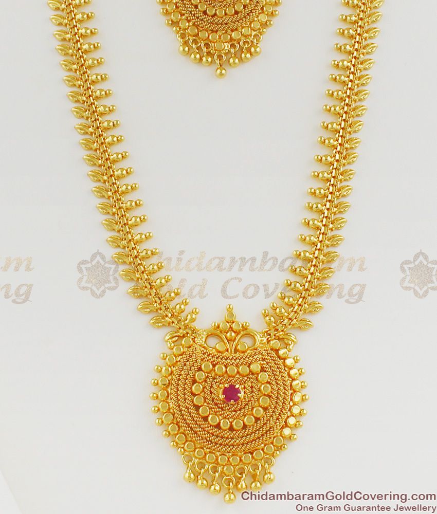 Mullaipoo Pattern Traditional Kerala Haram Necklace Combo Set Bridal Jewelry HR1127