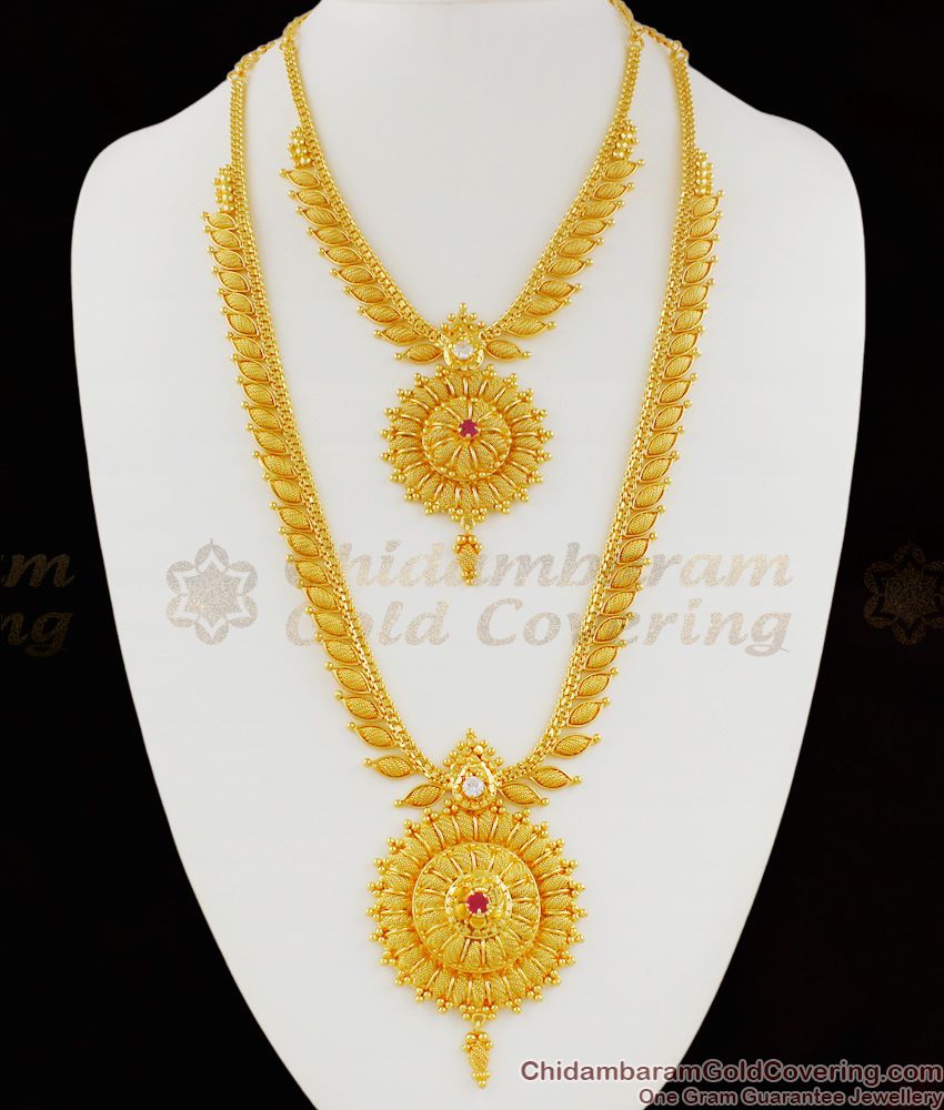 Iconic Gold Plated AD Ruby Stone Bridal Dollar Haram Necklace Combo Set HR1128