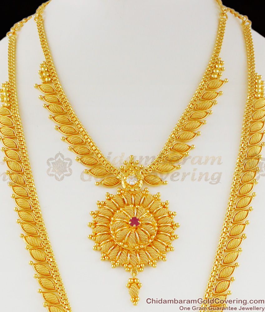 Iconic Gold Plated AD Ruby Stone Bridal Dollar Haram Necklace Combo Set HR1128