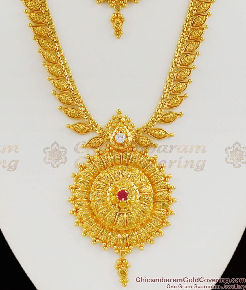 Iconic Gold Plated AD Ruby Stone Bridal Dollar Haram Necklace Combo Set HR1128