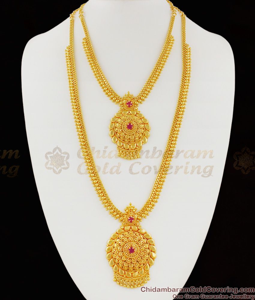 Kerala Traditional Ruby Stone Real Gold Big Dollar Bridal Haram Necklace HR1129