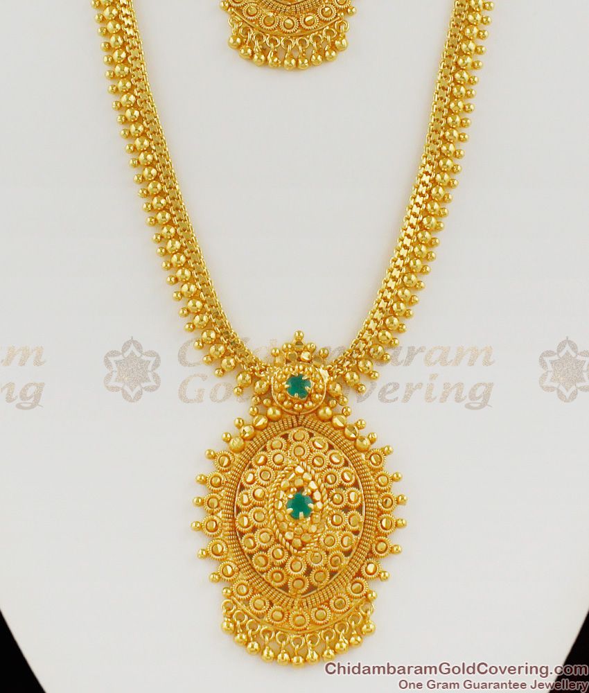 Kerala Traditional Emerald Stone Big Gold Dollar Bridal Haram Necklace HR1131