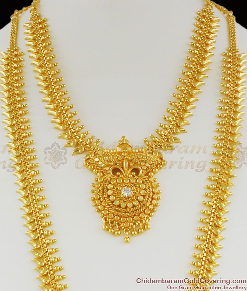 Pure White Diamond Kerala Gold Haram Necklace With Beads Bridal Set Jewellery HR1137