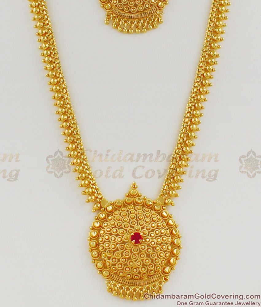 Single Ruby Stone Kerala Gold Haram With Beads Combo Set Bridal Jewellery HR1139