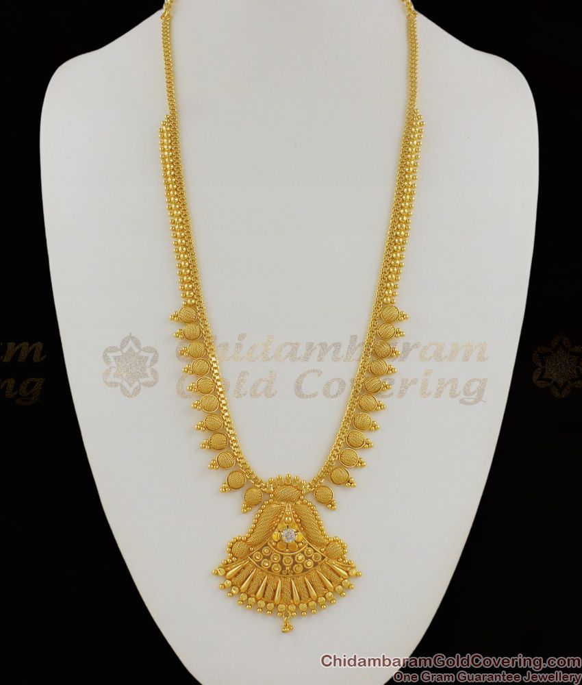 Hand Crafted Gold Plated Single White Stone Kerala Net Pattern Haaram HR1155 Hand Crafted Gold Plated Single White Stone Kerala Net Pattern Haaram HR1155