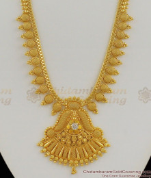 Hand Crafted Gold Plated Single White Stone Kerala Net Pattern Haaram HR1155 Hand Crafted Gold Plated Single White Stone Kerala Net Pattern Haaram HR1155