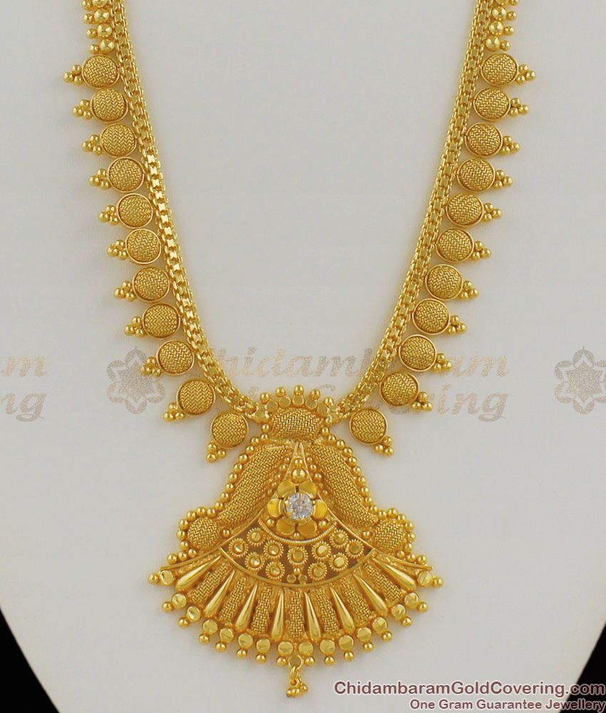 Hand Crafted Gold Plated Single White Stone Kerala Net Pattern Haaram HR1155 Hand Crafted Gold Plated Single White Stone Kerala Net Pattern Haaram HR1155